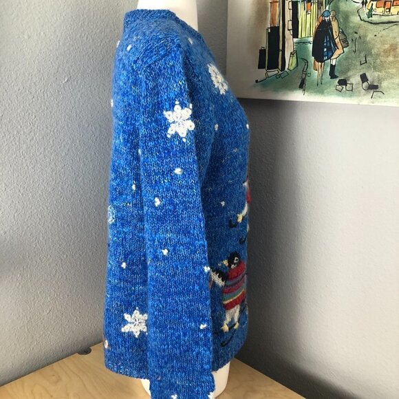 Embroidered Skiing Penguins & Snowflakes Holiday Wool Sweater - Picture 11 of 14